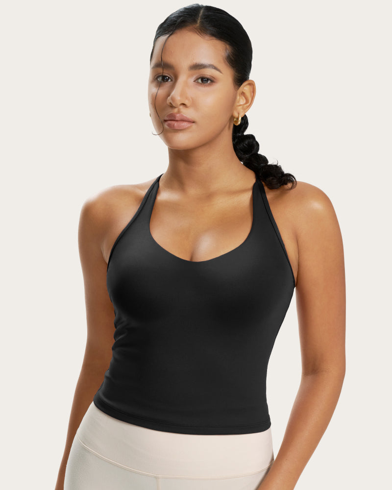 Longline racer-back sports bra tank top with built-in bra