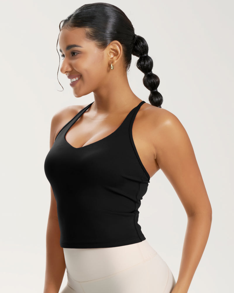 Longline racer-back sports bra tank top with built-in bra