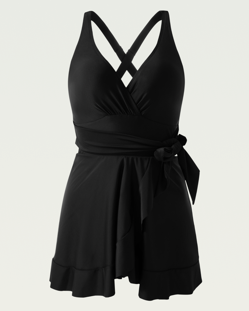Cross-collar waist-tie 2-in-1 dress