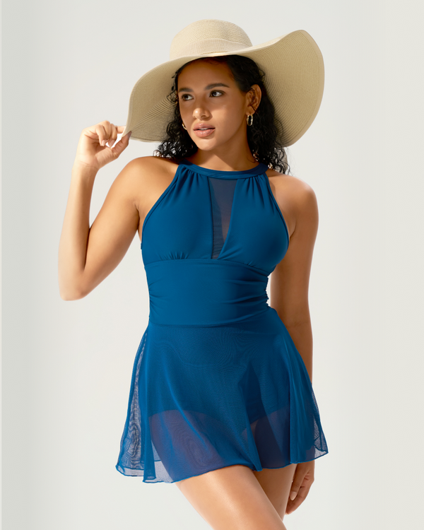 Halter-neck mesh one-piece swimsuit
