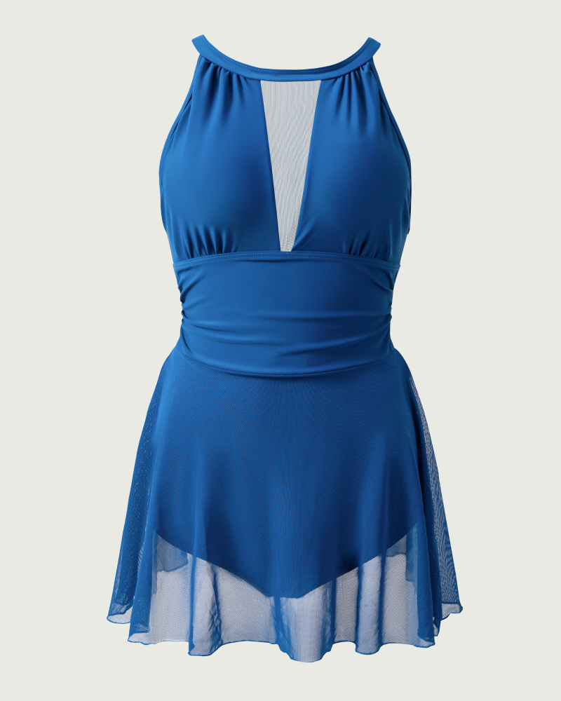 Halter-neck mesh one-piece swimsuit