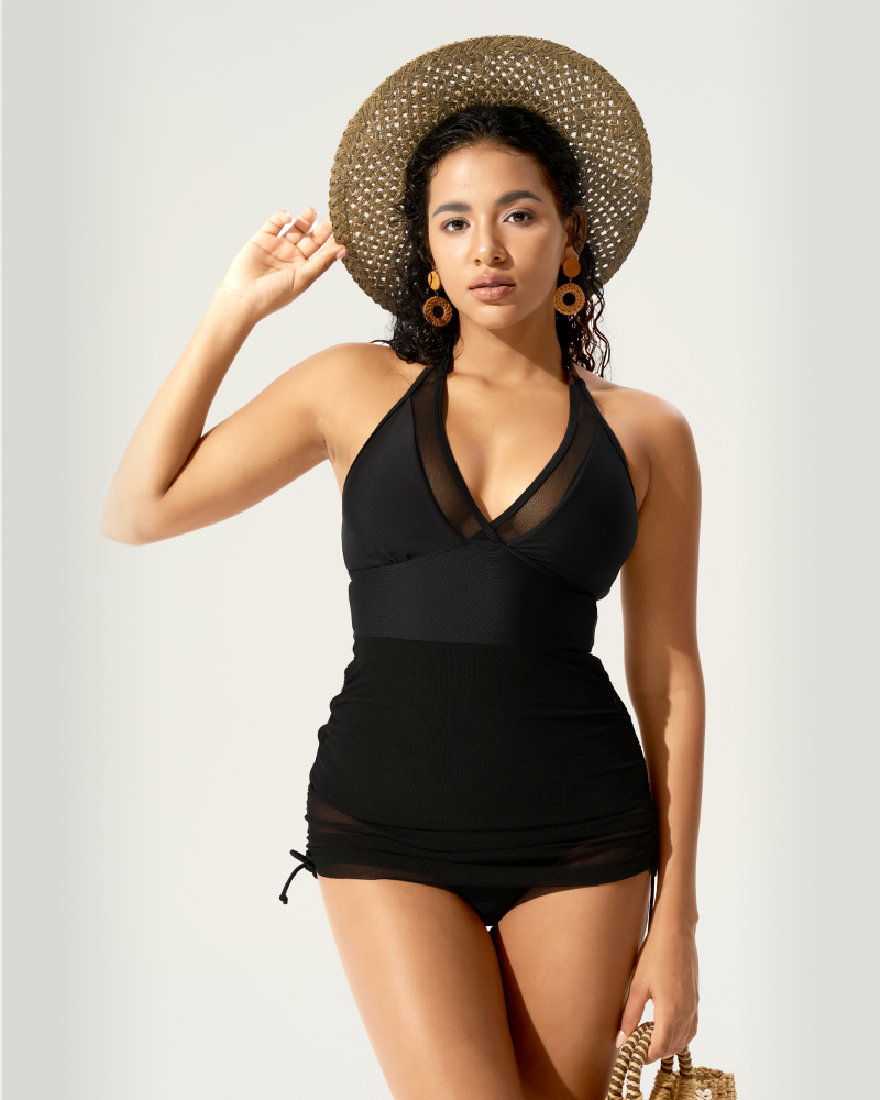 Mesh-paneled ruched one-piece swimsuit