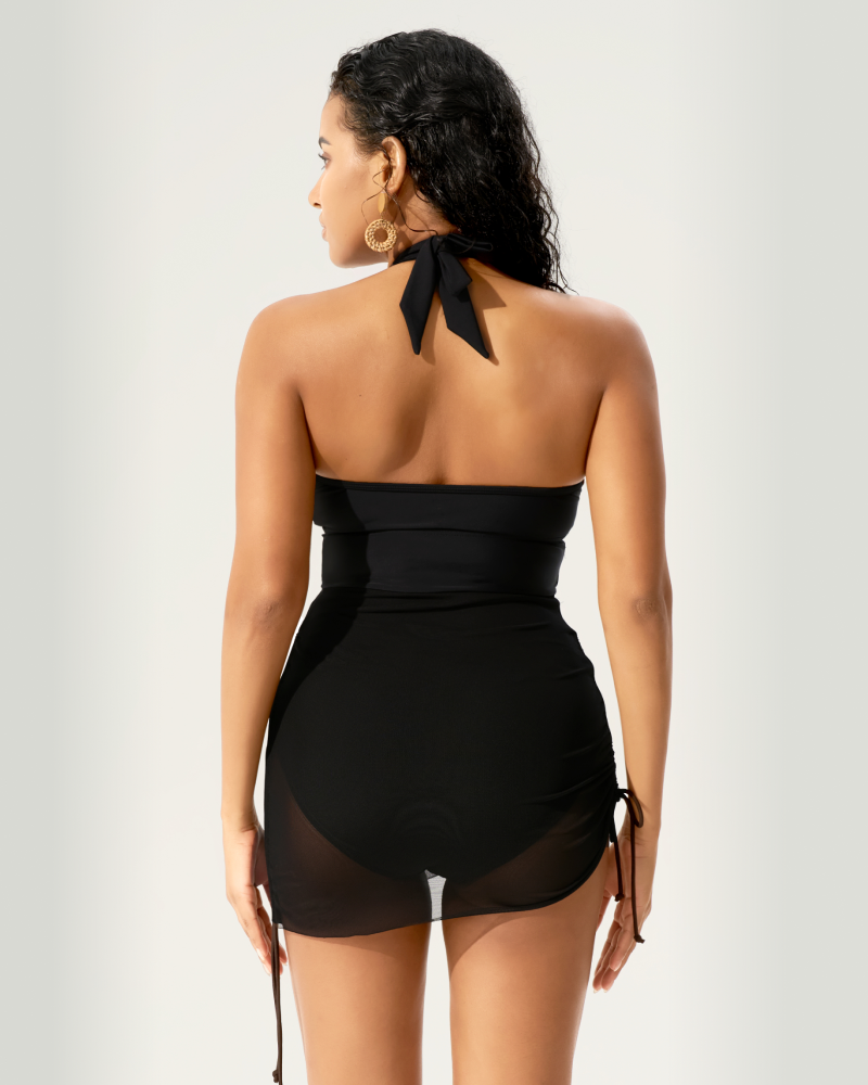 Mesh-paneled ruched one-piece swimsuit