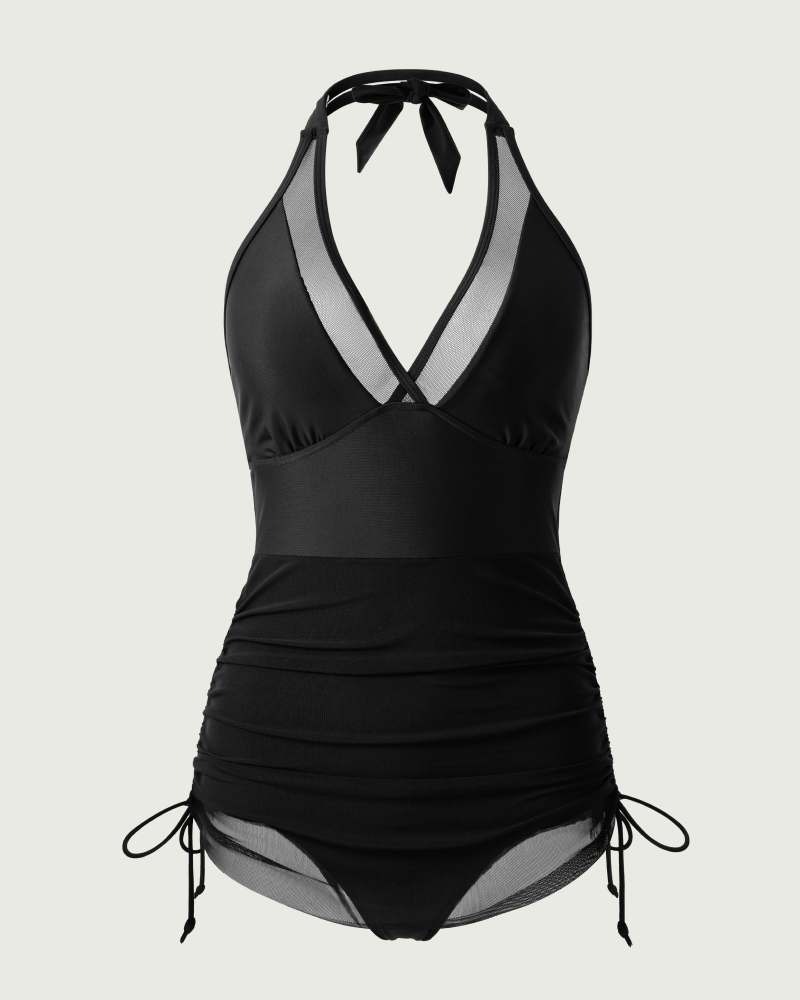 Mesh-paneled ruched one-piece swimsuit