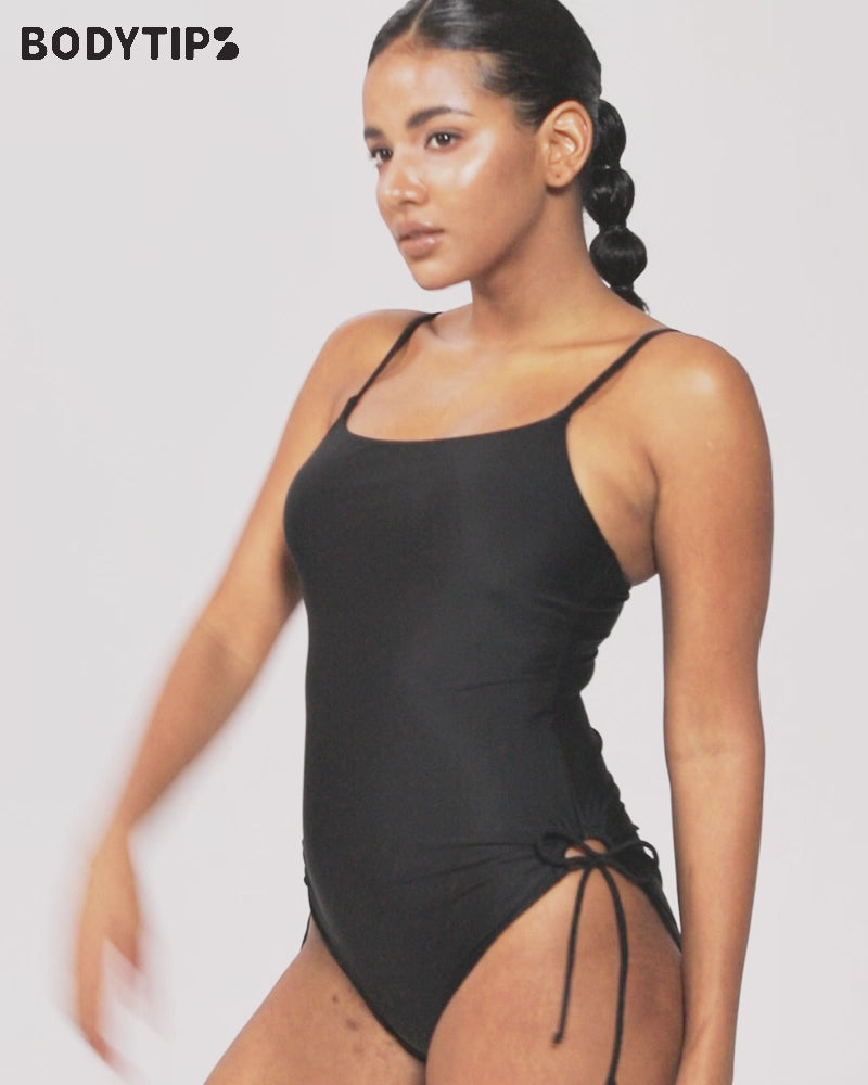 Spaghetti strap drawstring one-piece swimsuit