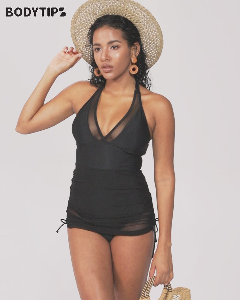 Mesh-paneled ruched one-piece swimsuit